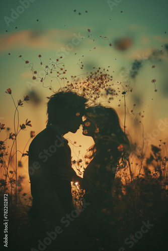 A couple is kissing in a field of flowers