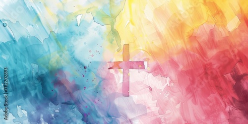 A watercolor painting of a cross on a vibrant rainbow background. Suitable for religious themes or spiritual concepts