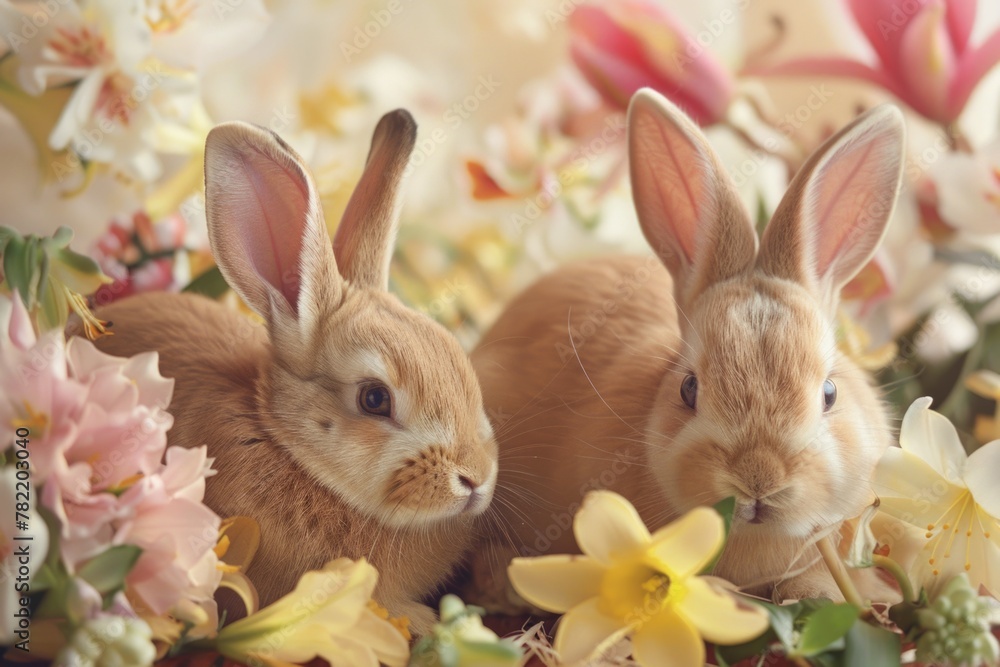 Two rabbits sitting in a basket of flowers. Ideal for Easter and spring-themed designs