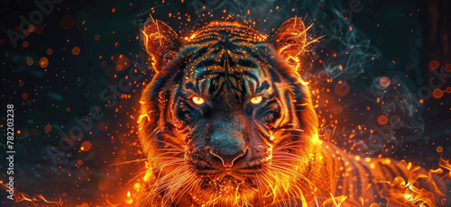 an orange tiger made out light and glowing fire, neon lights, cinematic lighting photo