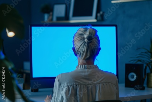 Application mockupover the shoulder shot of a mature woman in front of a computer with an entirely blue screen