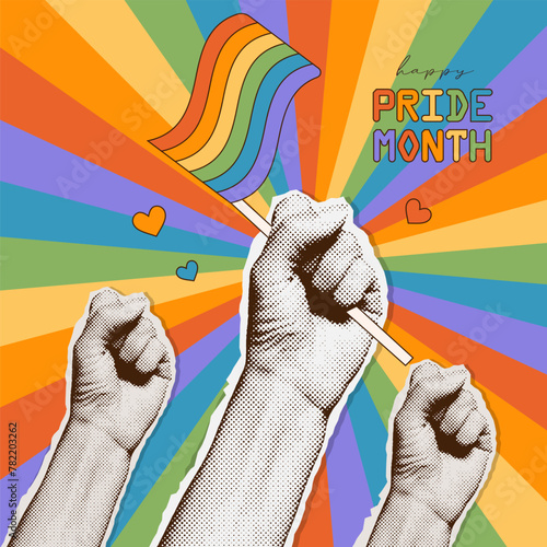 Trendy halftone collage with raised fists on concentric rainbow background. LGBT rights campaign banner. Gender, diversity, unity concept. Vector flat illustration for poster, postcard
