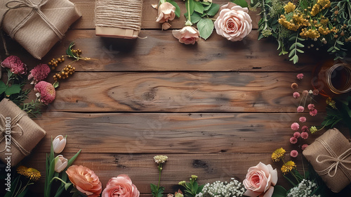 A vibrant bouquet of mixed flowers graces a rustic wooden table, highlighting nature's colors against the simplicity of wood.