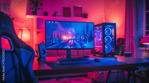 Modern living room with vibrant LED lights and gaming setup.