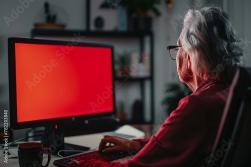 App view beside a shoulder of a senior woman in front of a computer with a completely red screen