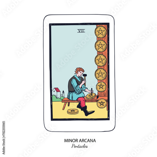 Tarot card vector deck . Minor Arcana Pentacles . Occult esoteric spiritual Tarot. Isolated colored hand drawn illustrations

