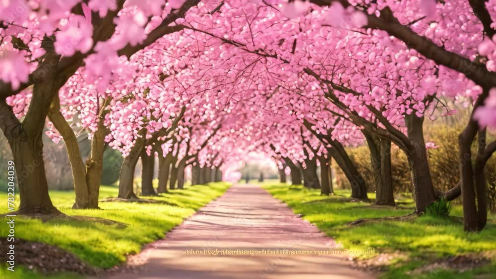 A visually pleasing tree lined road with pink flowers blooming on the trees, creating a serene atmosphere, An enchanting blossom-filled tree passage in a manicured park, AI Generated A visually pleasing tree lined road with pink flowers blooming on the trees, creating a serene atmosphere, An enchanting blossom-filled tree passage in a manicured park, AI Generated