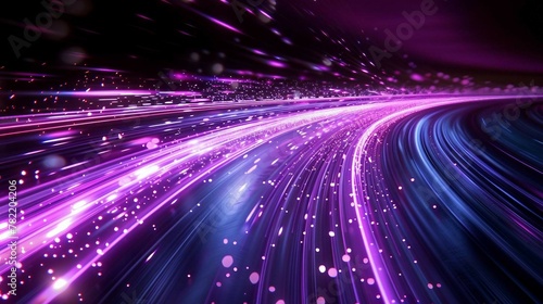 Purple and Silver light trails, the flow of data within computer systems or networks, the transfer of information .internet speed, data transfer, fast computing. photo