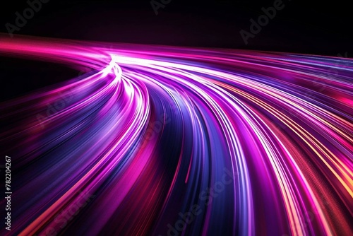 Purple and Silver light trails, the flow of data within computer systems or networks, the transfer of information .internet speed, data transfer, fast computing.