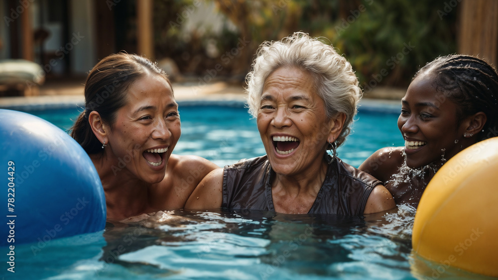 Fototapeta premium Multiracial grandparents playing in the pool with their family.