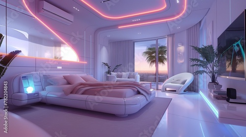 A Bedroom With A Platform Bed  Plants And Glowing Orb Lights.