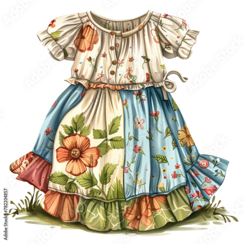 A hand-drawn dress featuring intricate flower patterns on a transparent background. The design is whimsical and detailed, appealing to those who appreciate artistic fashion choices.