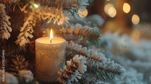 A lit candle resting on a snow-covered tree. Suitable for winter and holiday themes