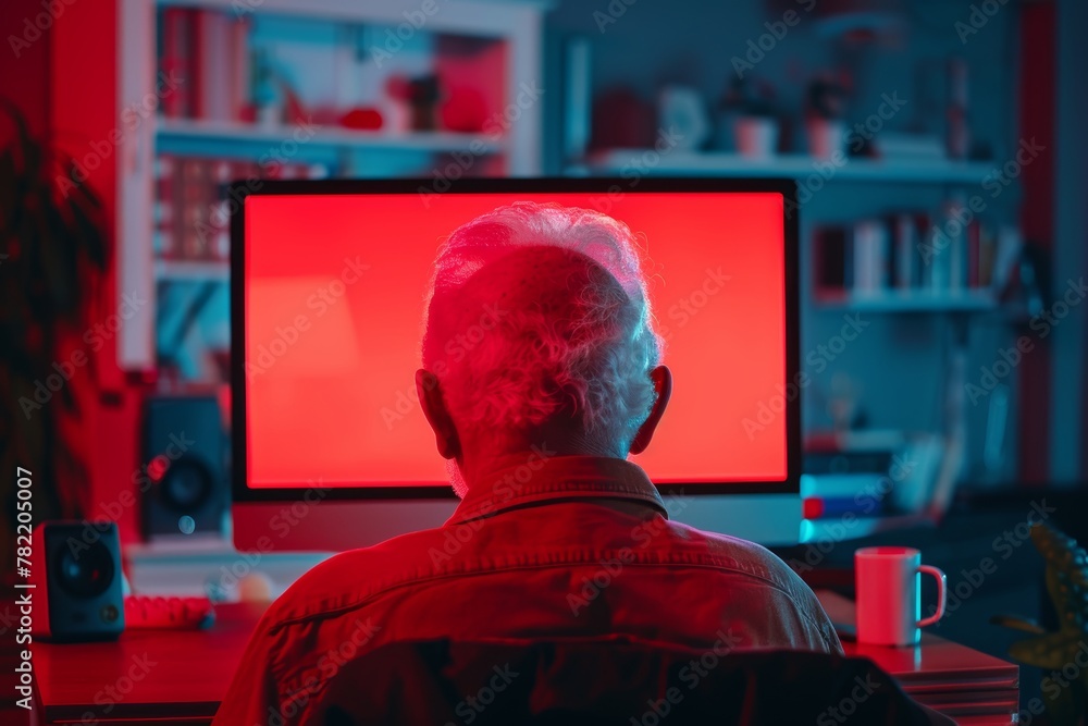 Digital mockup over a shoulder of a senior citizen man in front of a computer with an entirely red screen Digital mockup over a shoulder of a senior citizen man in front of a computer with an entirely red screen