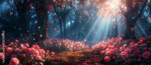 Dreamy Enchanted Fairy Tale Forest with Pink Roses and Butterflies on Mysterious Background, Shiny Glowing Stars and Moon Rays in Night Vision #782205055