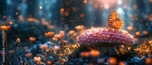 Fantasy Magical Mushrooms and Butterfly in Enchanted Fairytale Dreamy Elf Forest with splendid pink blooming Rose Flower on mysterious nature background and shiny glowing moon rays at night. photo