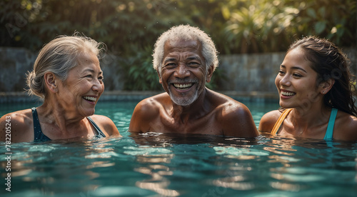 Laughter fills the pool as grandparents and their family bond together. © Diego