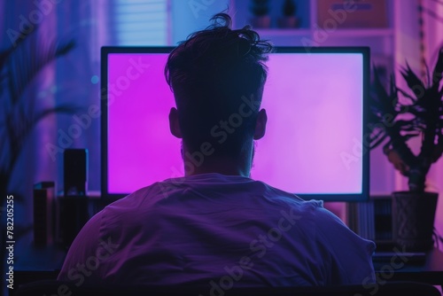 Application mockupover the shoulder shot of a adult man in front of a computer with a completely neon screen