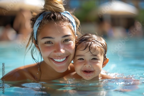 Happy mother teaching child to swim in the pool