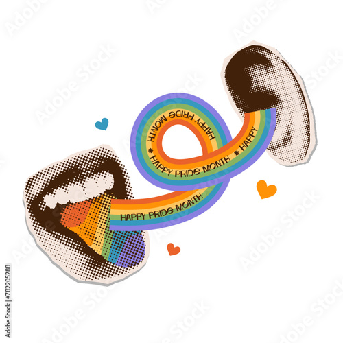 LGBT halftone collage concept in a contemporary punk grunge style. Open mouth saying Happy Pride month to the ear by striped rainbow twirl. Vector eps10