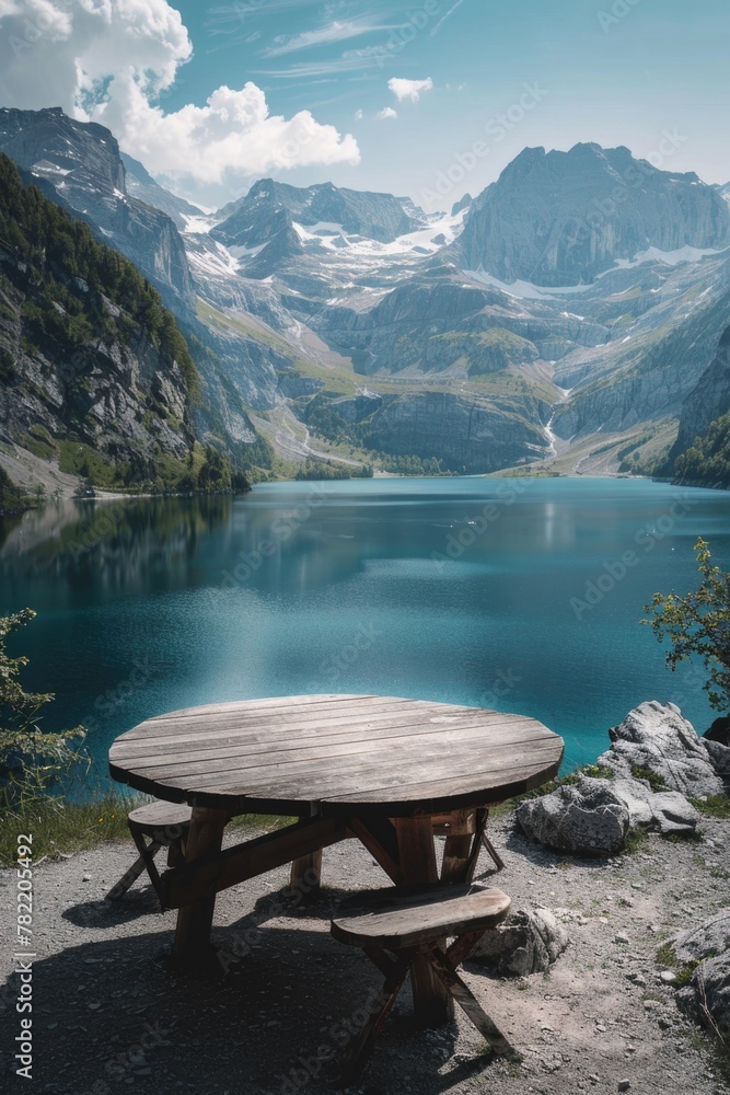 A picnic table set on a mountain peak, ideal for outdoor and nature-themed designs