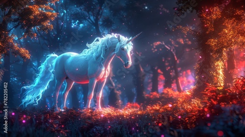 In a magical forest, a beautiful unicorn lives