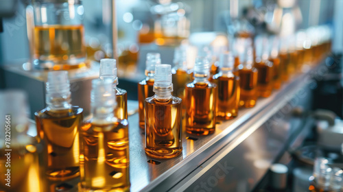 Conveyor belt filled with amber glass bottles of yellow liquid or oil photo