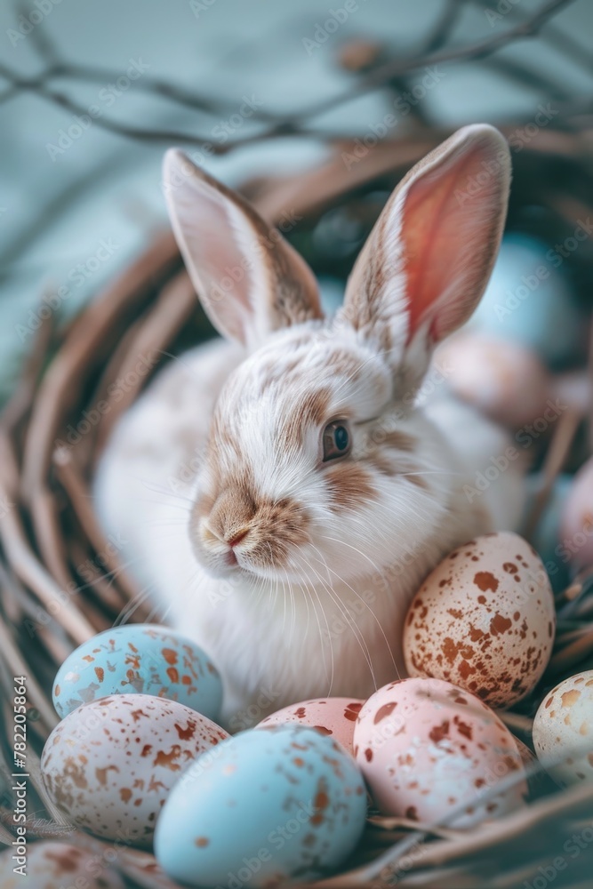 Cute rabbit sitting in a basket with colorful eggs. Perfect for Easter holiday projects