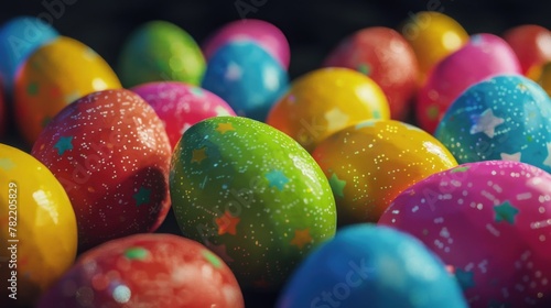 Brightly colored Easter eggs in a pile, perfect for Easter holiday designs