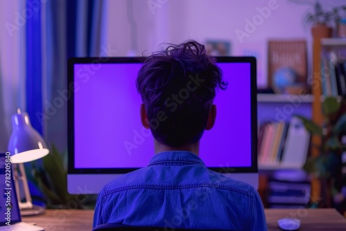 App mockup shoulder view of a teen boy in front of a computer with an entirely purple screen