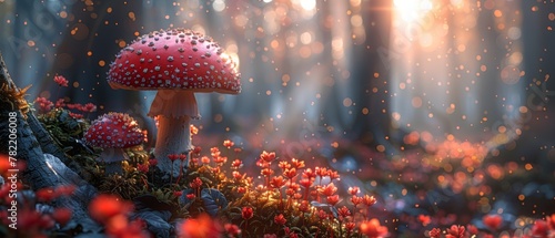 Magical Mushroom Glade in enchanted fairy tale dreamy elf Forest, fantastic fairytale blooming pink rose flower garden on mysterious background, magical elf magic woods shine in bright sunny morning.