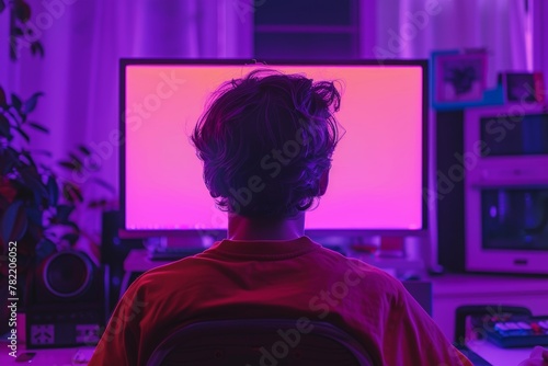 Digital mockup over a shoulder of a boy in front of a computer with an entirely purple screen