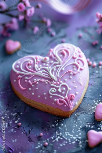 Sweet heart shaped cookie with pink icing and sprinkles  perfect for Valentine s Day or romantic occasions