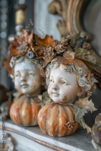 A couple of figurines sitting on top of a mantle. Ideal for home decor or interior design concepts