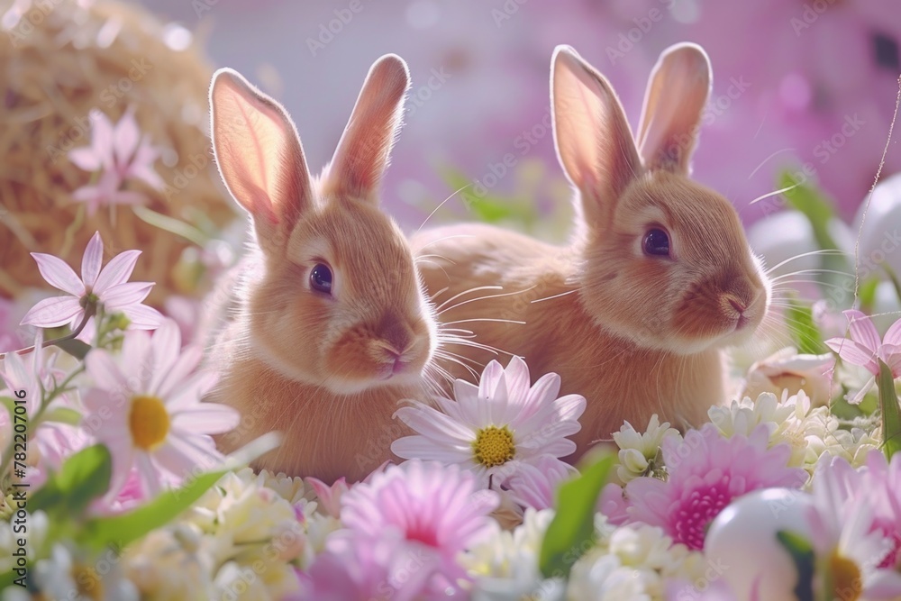 Two rabbits sitting in a field of colorful flowers, perfect for springtime themes