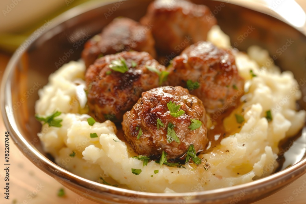 A bowl filled with mashed potatoes and meatballs, perfect for food concepts