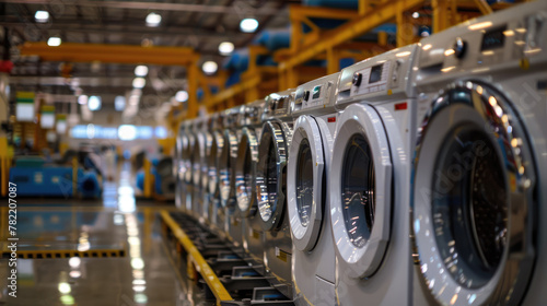 Row of washing machines in a laundromat photo
