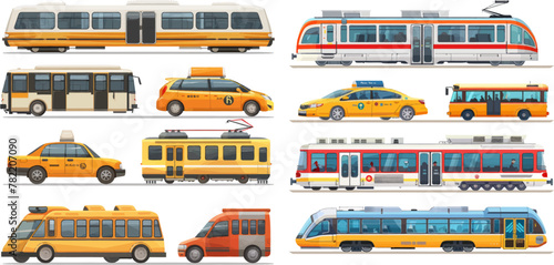Public transport. Taxi car vehicle, city train and urban transporter