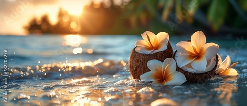 Tropical Caribbean or Hawaiian paradise with coconut fruit and magnolia flower, tropical Caribbean or Hawaiian vacation, summer tourism, beach vacation.