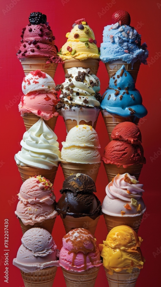 Ice cream cones decorated with fruits and toppings.
