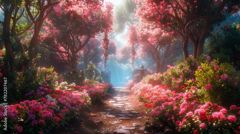 Obraz premium Enchanted Garden, Fantasy Nature Backdrop, Concept Art, Realistic Book Illustration, Video Game Background, Digital Painting, Scenery CG Animation.