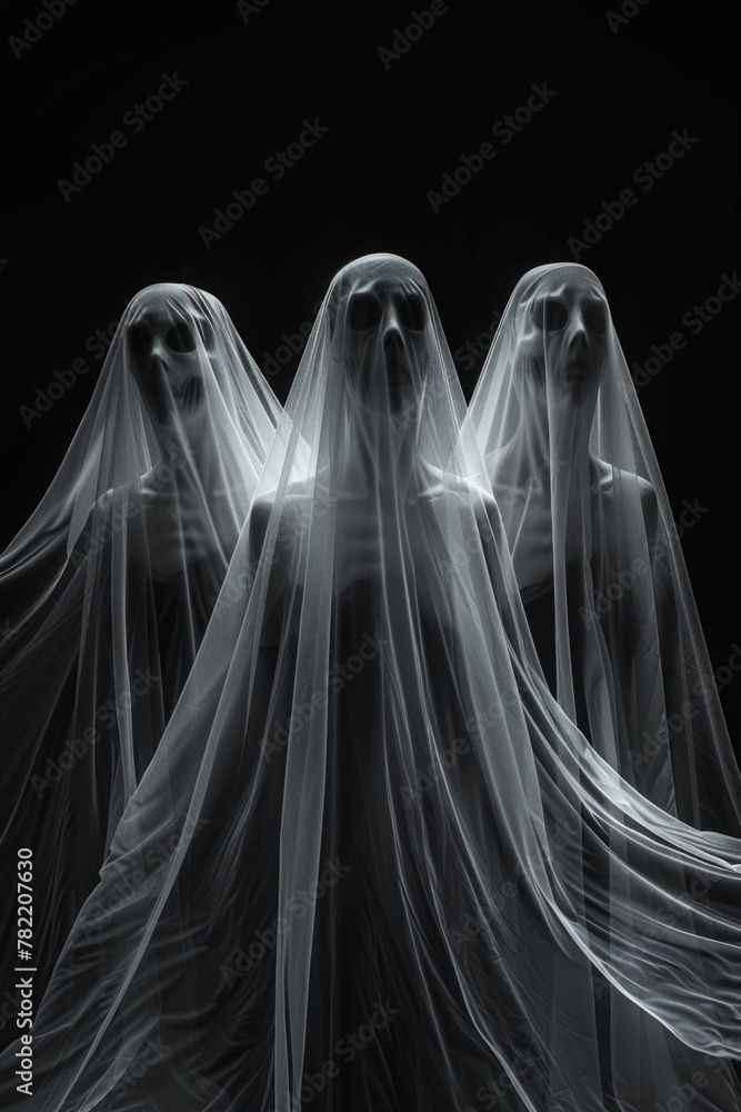 Three ghostly figures in an eerie setting. Suitable for Halloween themes
