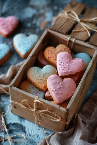 A wooden box filled with heart shaped cookies. Perfect for Valentine's Day gifts or bakery advertisements