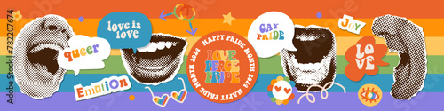 Halftone male and female Lips and mouths with funny Pride month quoted On Bright Rainbow Background. Vector Halftone Collage With LGBT Graphic Elements, Geometric Shapes. Vector