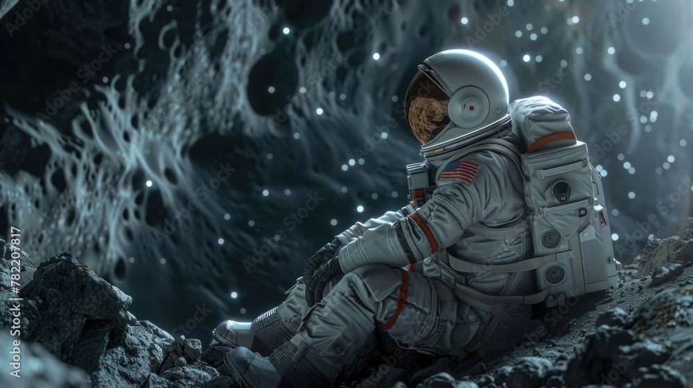Fototapeta premium Astronaut in space suit sitting on a rock, suitable for science fiction themes