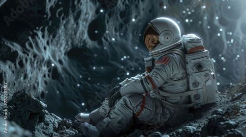 Astronaut in space suit sitting on a rock, suitable for science fiction themes