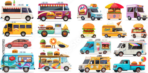 Food trucks. Van cars selling street fast foods, pizza, burger, coffee, donut and ice cream