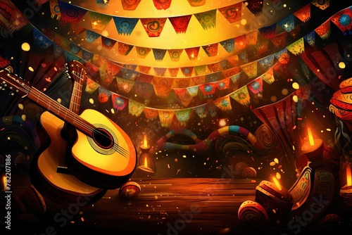 Acoustic guitar, sombreros and maracas with Mexican, Aztec and Mayan ornaments on a dark background. A stringed musical instrument in a flat style. illustration for Cinco de Mayo.