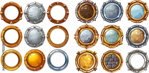 Cartoon UI circle game asset items, empty golden medieval silver textured