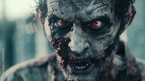 Close-up of a person with blood on their face, suitable for horror or crime themes